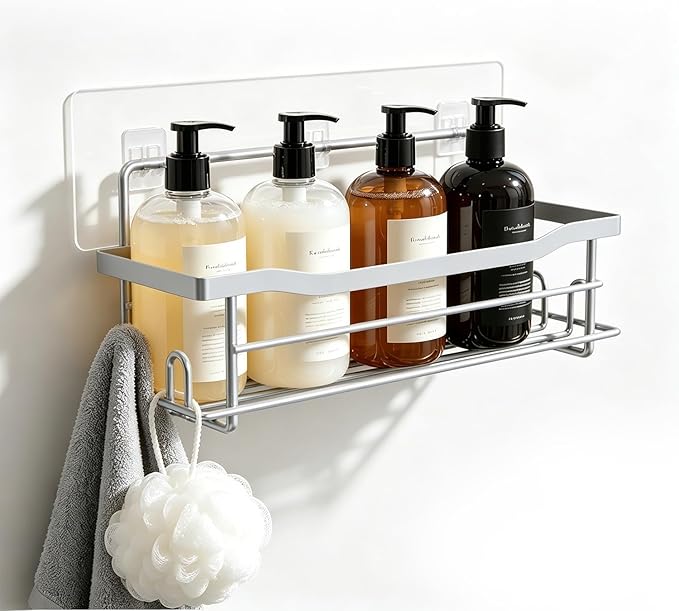 Shower Caddy Shelves Organizer Rack, Single Pack Silver Stainless Steel Shower Caddy,No Drilling Wall Mounted Adhesive Shower Shelf for Inside Shower, Paint Nickel