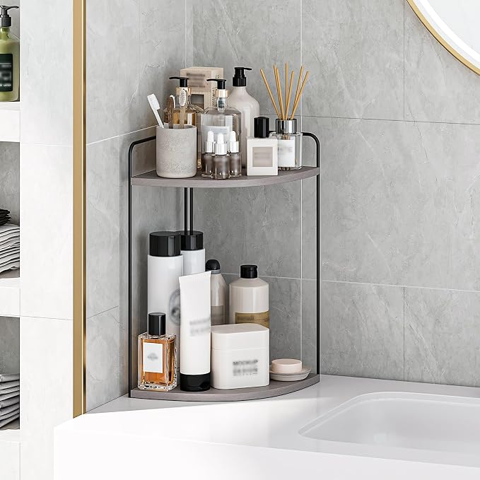 Forest Angle Bathroom Counter Organizer,Countertop Organizer,Vanity Organizers,Bathroom Storage,Bathroom Sink Caddy,Counter Shelf,Corner Counter,Corner Shelves(Black-Grey)