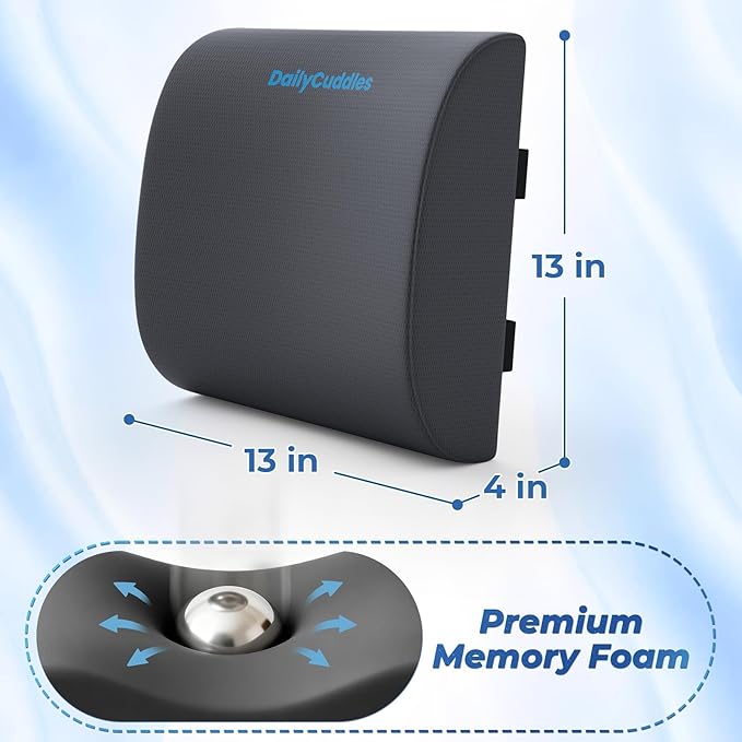 Lumbar Support Pillow for Office Chair Back Support - Memory Foam Lumbar Pillow for Car or Gaming Chair, Ergonomic Back Cushion with Adjustable Strap for Long-Hour Sitting (Grey)