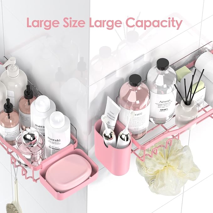 NESOMI Shower Caddy Adhesive Shower Organizer 7-Pack, Rustproof Stainless Steel Bathroom Shelves, Large Capacity No-Drill Rack Storage Accessories with Soap Dish Toothbrush Holder Hooks