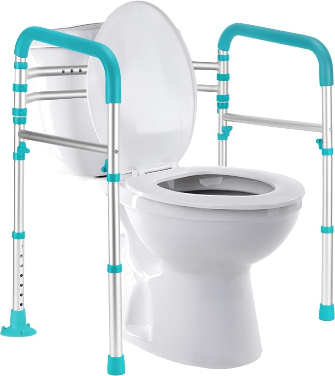 Lianjindun Toilet Safety Rails (350 lb), Adjustable Toilet Frame for Elderly, Seniors, Handicap & Disabled, Foldable Handicap Toilet Handles Fit Any Toilets（Peacock Blue）