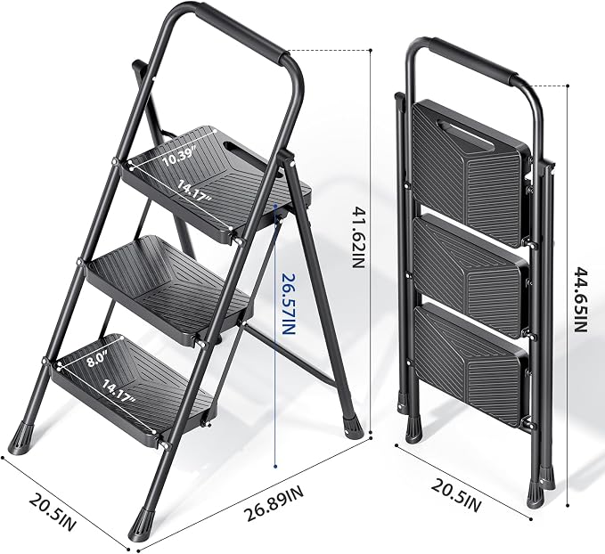 KINGRACK Folding 3 Step Ladder, Portable Ladder for Multi-Purpose, Home, Kitchen, Heavy Sturdy Steel Step Stool with Anti-Slip Wide Pedals, Handrail, Safe-Lock Design, Pass 500lbs Load Testing, Black