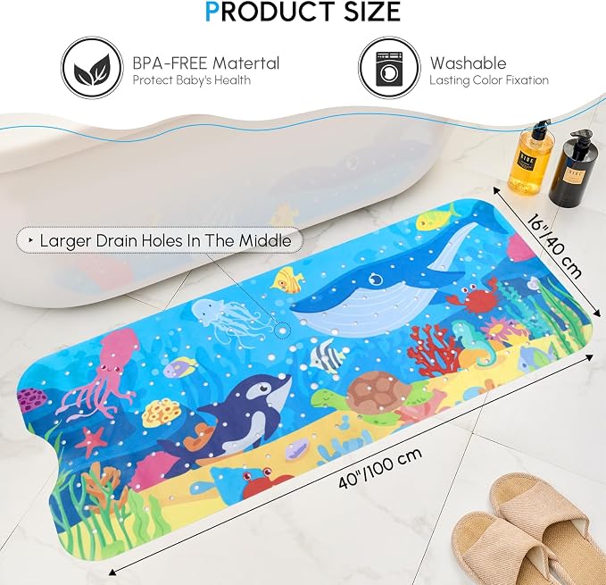 Baby Bath Mat Non Slip, Cartoon Kids Bath Mat for Tub 40 x 16 Inches, Non Slip Bathtub Mat with Suction Cups and Drain Holes Shower Stall Mats, Machine Washable, Dolphin