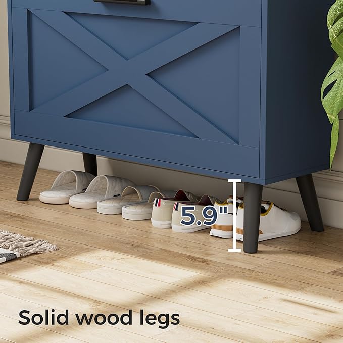 Homleke 32" W Farmhouse Shoe Storage Cabinet with 2 Flip Drawers and Barn Door Design, Adjustable Shelves, Modern Hidden Slim Narrow Shoe Rack Cabinet for Entryway, Foyer, Hallway, Living Room, Blue
