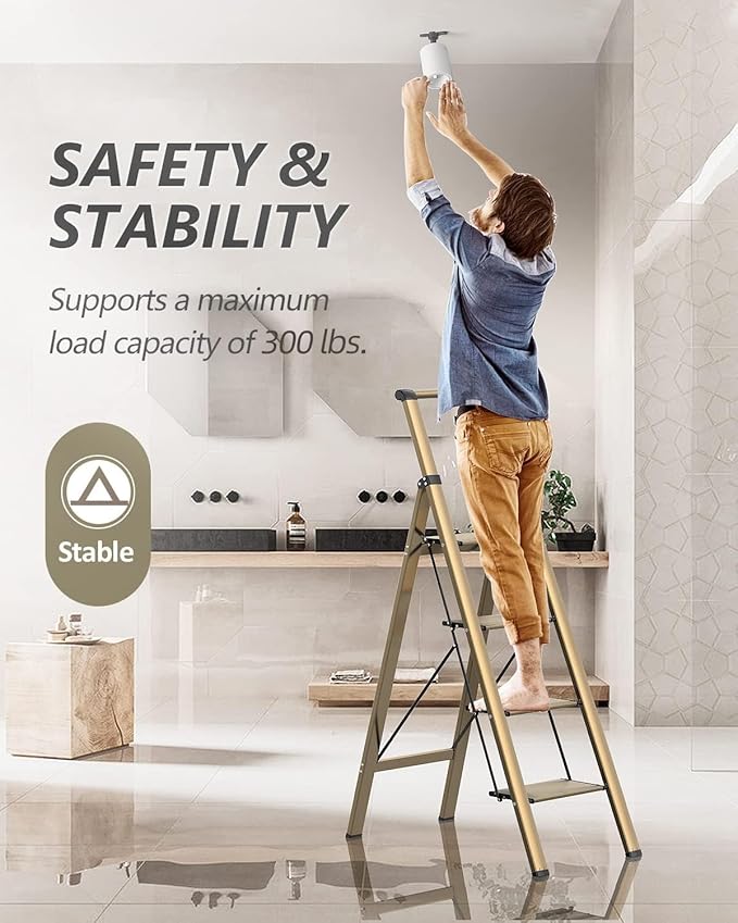 SOLADDER 4 Step Ladder, Folding Step Stool with Anti-Slip Wide Sturdy Pedal and Handgrip, Portable Lightweight Aluminum Stepladder, 300 lbs Capacity, Multi-Use for Home, Library - Brown Gold