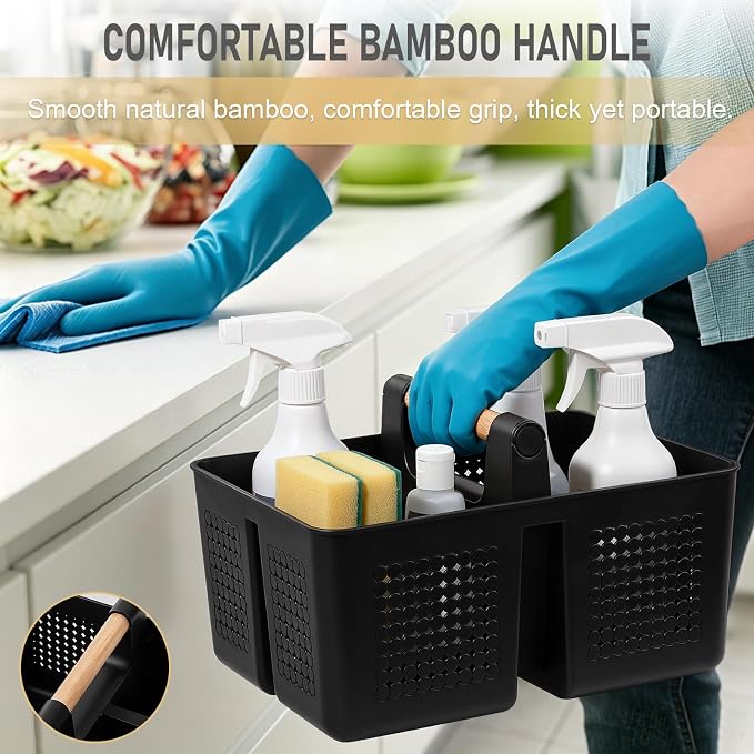 JiatuA Shower Caddy Basket Portable Caddy Organizer with Handle Cleaning Supplies Caddy Plastic Tool Storage for Bathroom Kitchen College Dorm Bedroom, Black