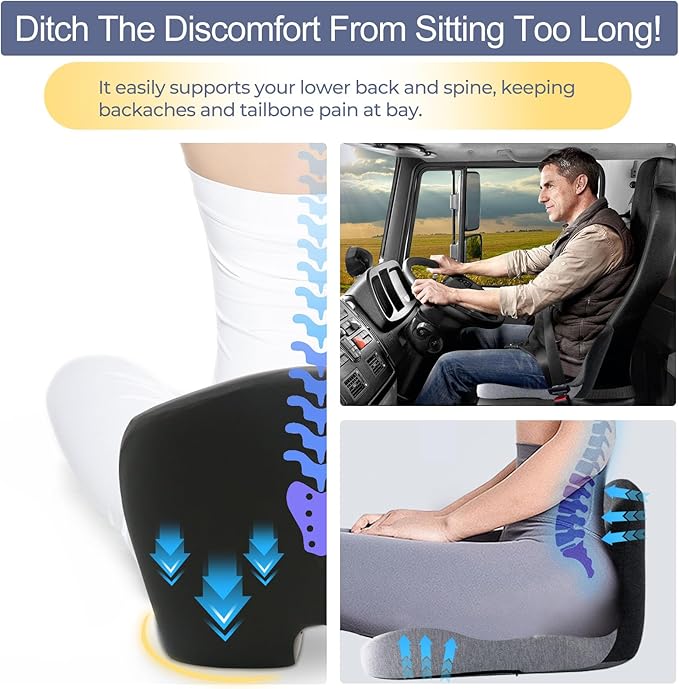 Car Seat Cushion, Memory Foam Driving Cushion with Adjustable Strap, Ergonomic Pad for Car & Semi Truck, Office Chair Cushion for Sciatica & Lower Back Pain Relief, Light Gray & Dark Gray