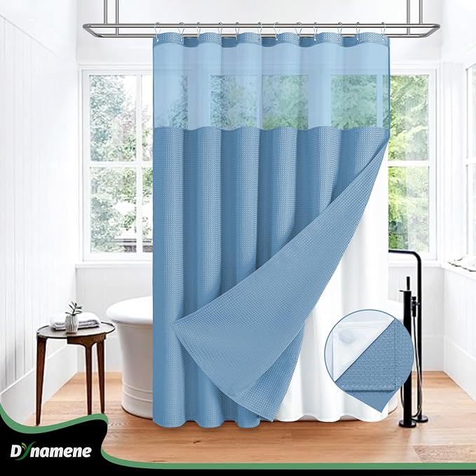 Dynamene 78 Inch Long Shower Curtain, Tall Waffle Fabric Shower Curtains for Bathroom, Hotel Waterproof Cloth Shower Curtain Liner Set with Hooks, Snap in Liner, Mesh Top Window, Moonlight Blue, 72x78
