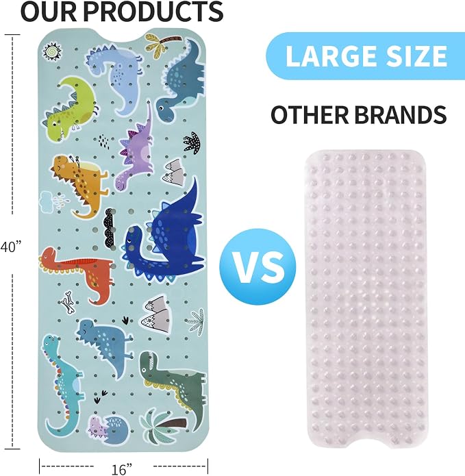 Bath Tub Shower Mat Non Slip Kids Bathtub Mat Anti Slip Baby Bath Mat for Tub 40 x 16 Inch Extra Long Toddler Bath Mat with Suction Cups and Drain Holes for Bathroom Floor,Machine Washable,Dinosaurs