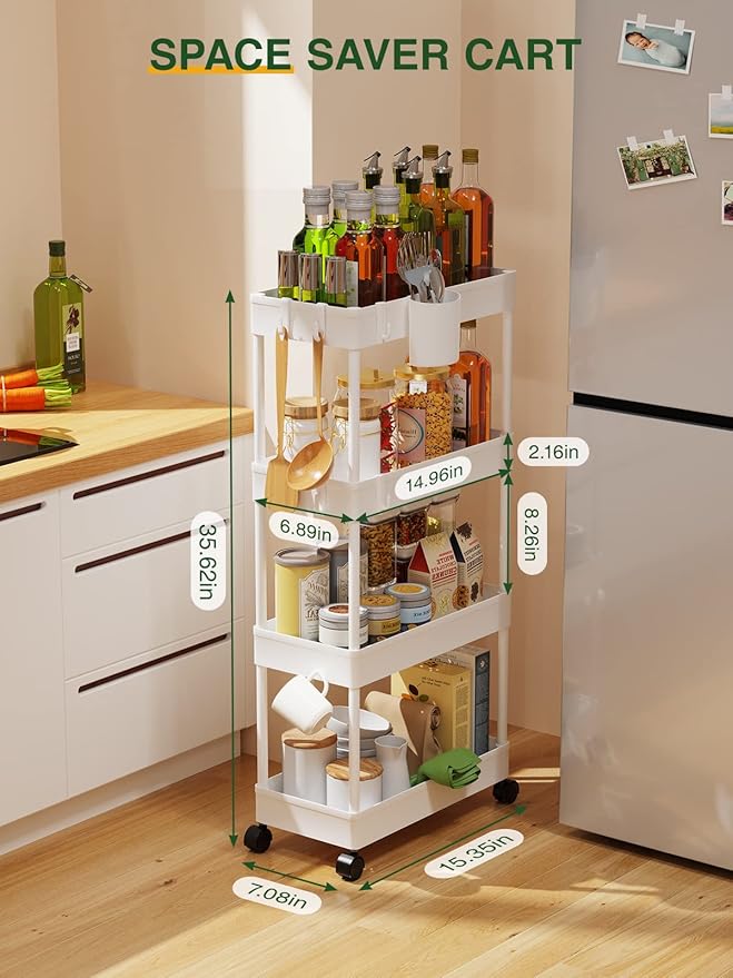LEHOM Slim Rolling Storage Cart - 4 Tiers Bathroom Organizer Utility Cart Slide Out Storage Shelves Mobile Shelving Unit for Kitchen, Bedroom, Office, Laundry Room, Small Narrow Spaces (7.1" W+White)