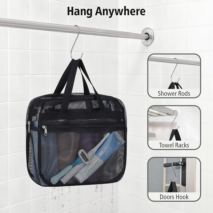F-color Mesh Shower Caddy Portable with Zipper -Dorm Room Essentials for Guys Girls with S Hook, Shower Bag Basket Tote for College Camping Toiletry Bathroom, Black