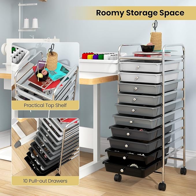 10-Drawer Rolling Storage Cart, Trolley w/Lockable 360° Wheels, 10 Removable PP Drawers, Sturdy Metal Frame, Rolling Utility Cart Perfect for Home, Office, Classroom (Mixed Black)