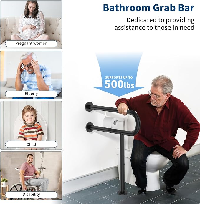 Toilet Support Rail w/Toilet Paper Holder 24x28 Inch, ZUEXT Wall to Floor Matte Black Anti-Slip Handicap Grab Bar for Bathroom, Stainless Steel Safety handrails with Leg for Elderly Disabled Pregnant