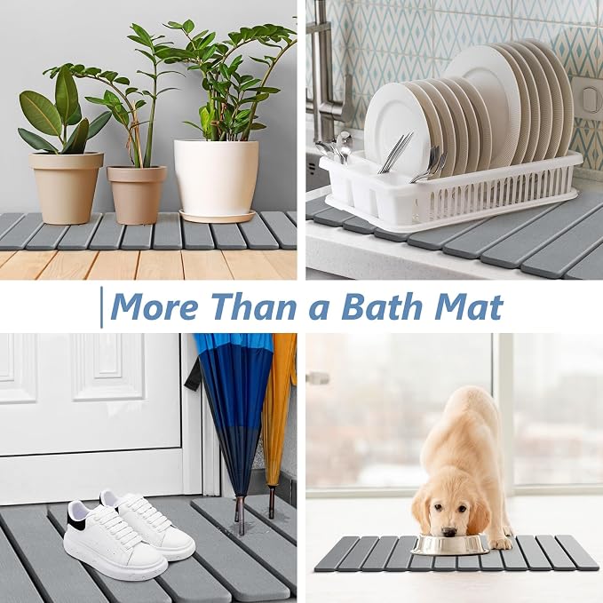 AWW Foldable Stone Bath Mat, Quick Dry Diatomaceous Earth Bath Mat with Non-Slip Mat, Super Absorbent, Easy to Clean, Compact for Small Bathrooms, 31.5 x 15.7, Grey