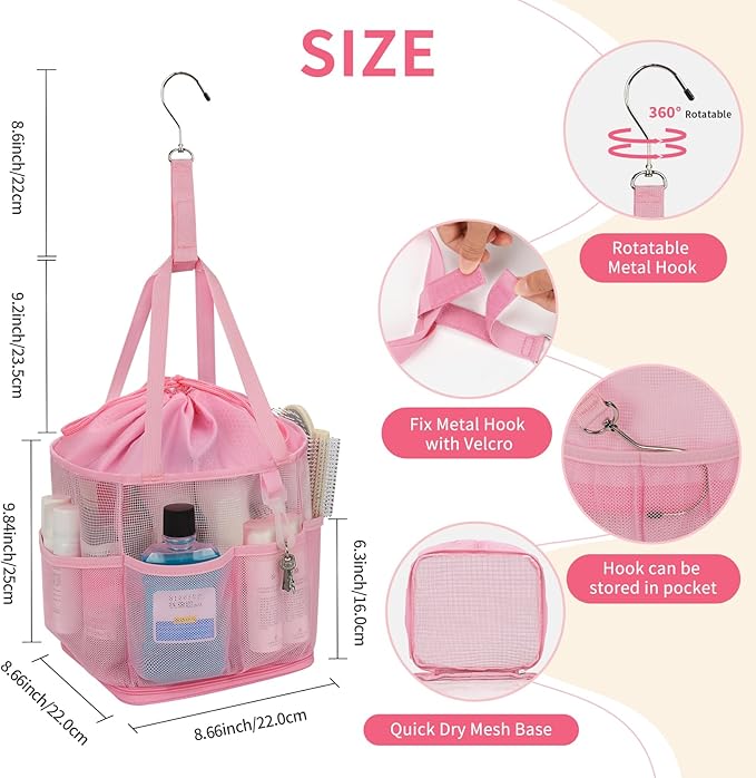 Shower Caddy Portable for College Dorm Room Essentials, Hanging Shower Caddy with Hook and Drawstring, Quick Dry Mesh Shower Bag with 6 Pockets for Bathroom, Swimming, Gym, Camping, Beach, Travel