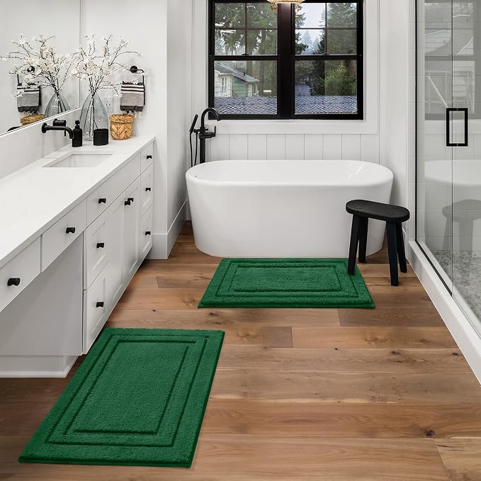 HOMEIDEAS Bathroom Rugs Sets 2 Piece, Super Soft and Absorbent Non Slip Microfiber Machine Washable Bath Mat Set (20" x 32" + 16" x 24", Dark Green)