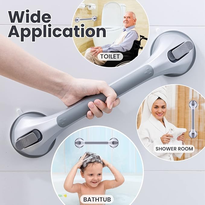 LEVERLOC Grab Bars for Bathtubs and Showers 2 Pack Suction Grab Bar, Heavy Duty 17 Inch Shower Handle Removable Bath Handrails for Seniors and Elderly, Bathroom Safety Grip No Drilling Waterproof Grey