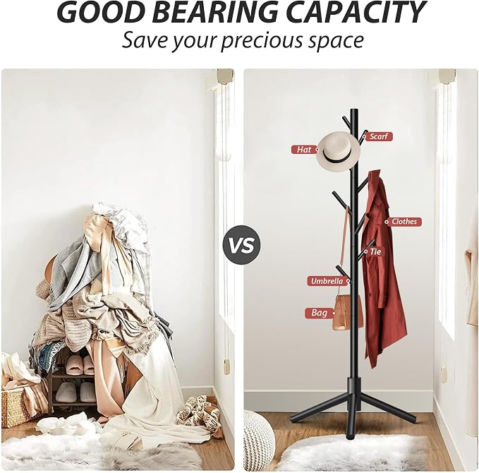 Unisakey Durable Wooden Coat Rack, Freestanding Coat Rack with Stable Triangular Base, 8 Hooks & 3 Adjustable Heights, Simple Assembly for Bedroom, Hallway, Office(New Black)