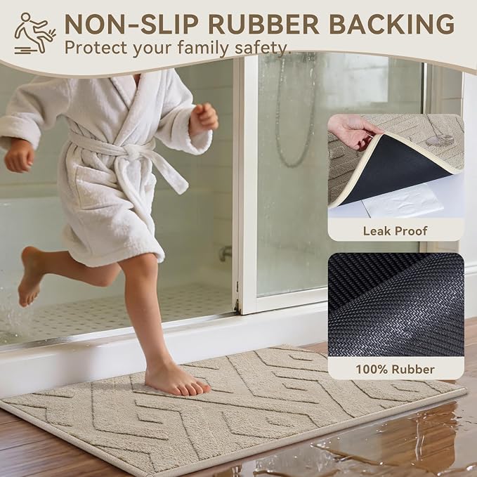 Non-Slip Bath Mat with Rubber Backing, 16x24-2pc Washable Thin Bath Mats for Bathroom Floor, Absorbent Bathroom Rugs, Quick Dry, Fits Under Door Brown