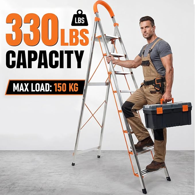 8 Step Ladder, 330lbs Load Capacity, Carbon Steel Step Stool with Non-Slip and Widen Pedals, Step Ladder with Safe Handrail, Space Saving for Home, Kitchen, Indoor & Outdoor