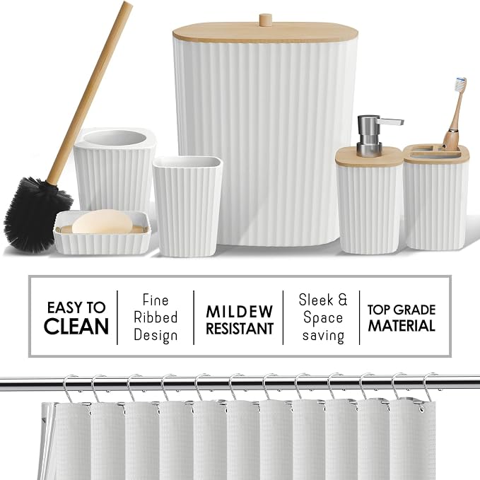 Clara Clark Bathroom Accessories Set - 27PC Bathroom Set with Adhesive Corner Shower Caddy Hanging, Bathroom Sets with Shower Curtain and Rugs, White Shower Curtain Set with Bathroom Trash Can