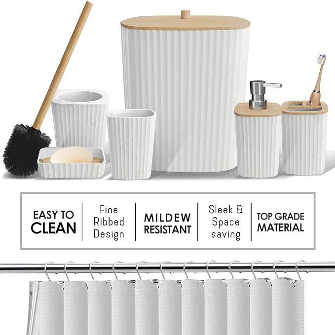 Clara Clark Bathroom Accessories Set - Bathroom Set with Adhesive Corner Shower Caddy Hanging, 25PC Bathroom Accessory Set, White Shower Curtain Set, Toilet Brush, Trash Can & Soap Dispenser