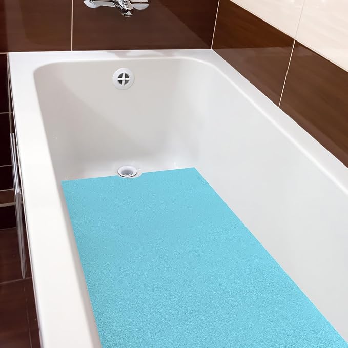 Dunzoom 16" x 40" Non Slip Bathtub Mat with Drain Cut Out Anti Slipping Non Skid Safe Tub Mat Adhesive Peel and Stick Bath Tub Mat PEVA Tub Sticker for Shower Floor Boat Wet Areas(Light Blue)