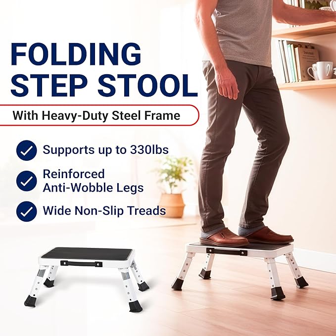 Arrigo Folding Step Stool with 3 Adjustable Heights – 330lb Capacity, Wide Anti-Slip Treads – Compact, Portable & Collapsible – Foldable Bed Stairs, Kitchen Ladder & Foot Stool for Adults