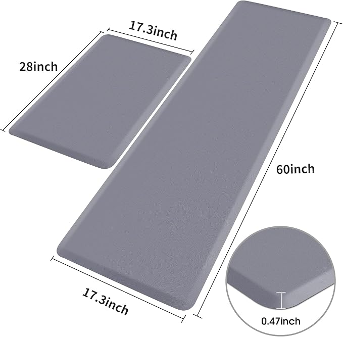 HappyTrends Kitchen Mat,17.3"x28"+17.3"x60" Grey, Cushioned Comfort Anti-Fatigue Waterproof Floor Mat Kitchen Rugs, Thick Perfect Ergonomic Foam Standing mat for Kitchen, Home, Office, Laundry