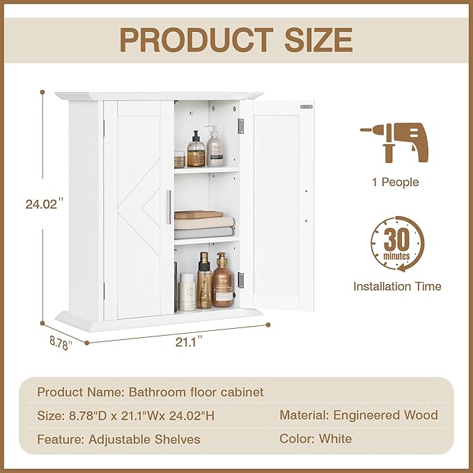 VECELO Freestanding Bathroom Storage Cabinet, Small Floor Cabinet with Doors and Adjustable Shelves, for Kitchen, Living Room, Laundry Room, Entryway, 21.1 x 8.78 x 24.02 Inches, White
