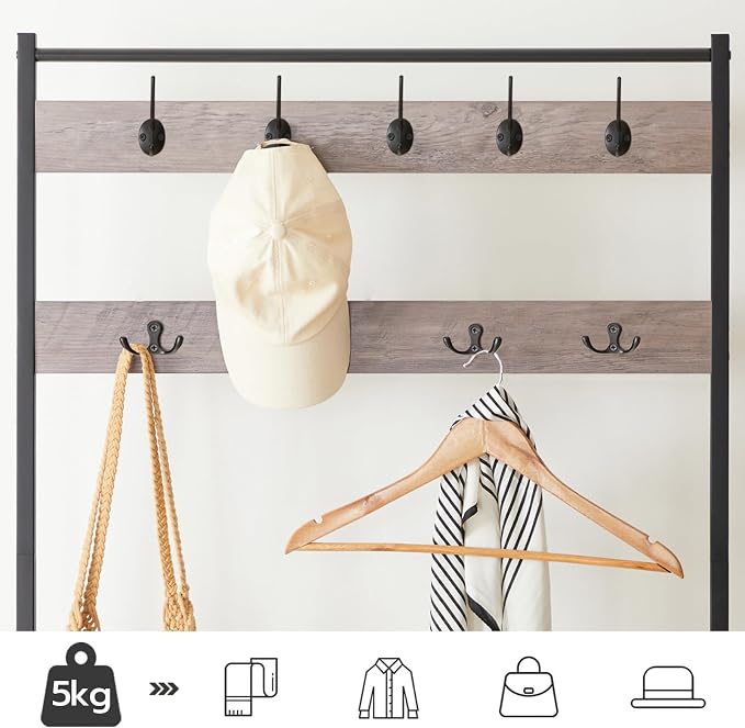HOOBRO Hall Tree, Coat Rack with Shoe Rack, Hall Tree with Bench, 5 Tier Shoe Storage Organizer with 9 Hooks for Entryway, Closet, Sturdy, Industrial, Greige and Black BG80MT01G2