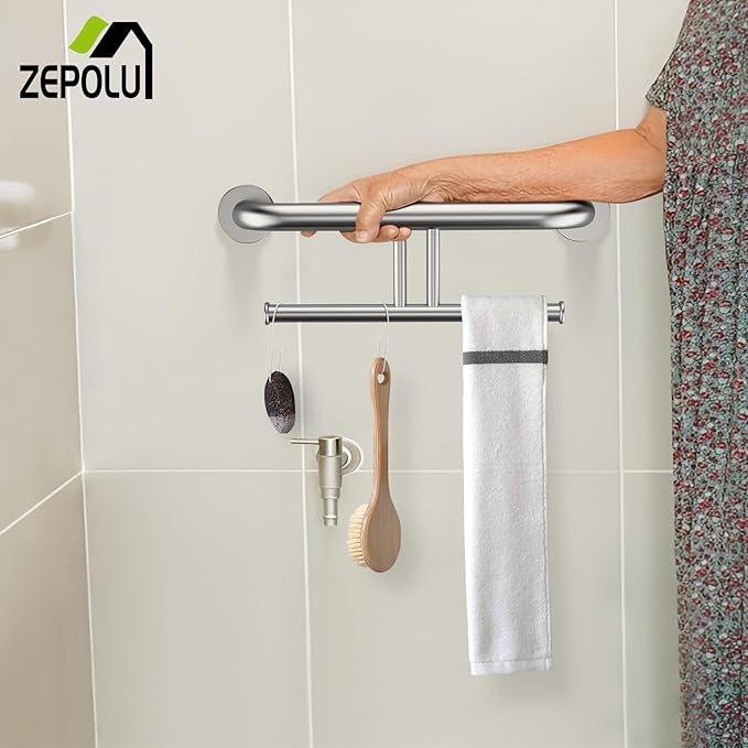 Brushed Nickel Handicap Grab Bar w/Toilet Paper Roll Holder, Zepolu 2-in-1 Safety Assist Bar Balanced Support Handle 17 Inch, Stainless Steel Wall Mounted Bathroom Toilet Grab Bar for Senior Elderly