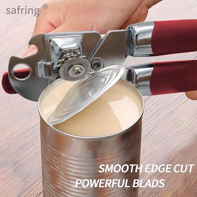 Safring Can Opener Manual, Handheld Strong Heavy Duty Stainless Steel Can Opener, Comfortable Handle, Sharp Blade Smooth Edge, Can Openers with Multifunctional Bottle Opener, Red