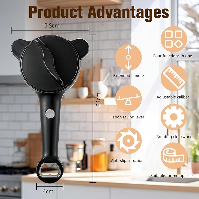 Multi-Functional 4-in-1 Jar & Bottle Opener, Adjustable Grip for Lids 1-3.5 Inches, Magnetic Stainless Steel Can Opener with Ergonomic Handle, Easy Open Kitchen Tool (1-Pack, Black)