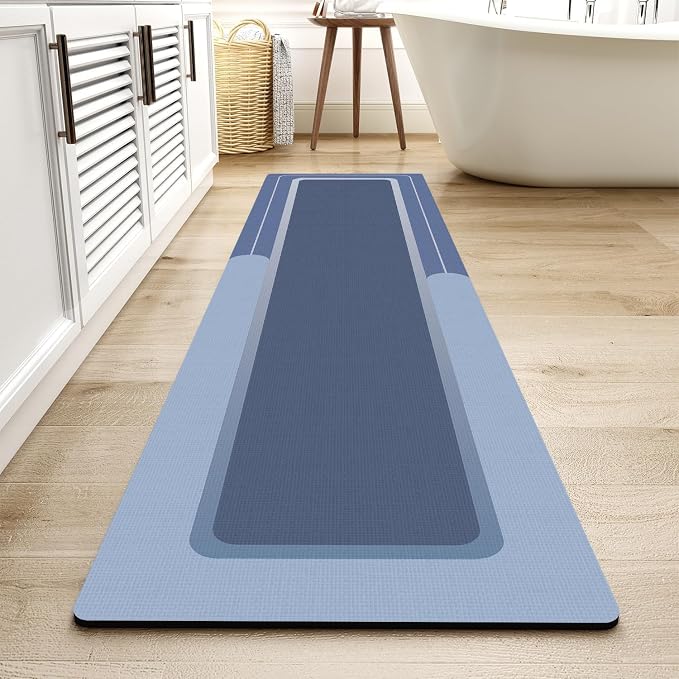 MontVoo-Bath Mat Rug Long Non Slip Super Absorbent Bathroom Runner Stain Resistant Quick Dry Thin Bathroom Mat Fit Under Door-17"x70",Navy