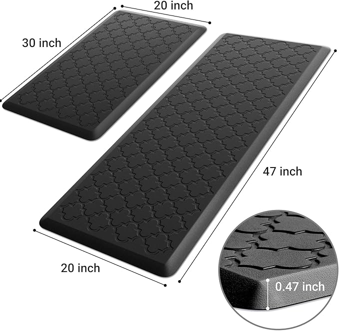 Kitchen Mat [2 PCS] Cushioned Anti-Fatigue Floor Mat Water Resistant Non-Skid Kitchen Mats and Rugs Ergonomic Comfort Foam Kitchen Rugs Standing Mat for Floor Office Sink (Black,20"x30"+20"x47")