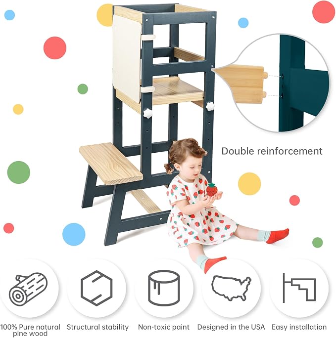 Kitchen Step Stool for Toddlers with Non-Slip Mat, WOOD CITY Wooden Kids Montessori Learning Stool Tower, Toddler Standing Tower Helper for Kitchen Counter and Bathroom Sink (Deep-Blue-Adjustable)