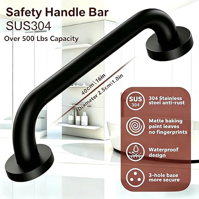 16 Inch Black Stainless Steel Handrail, Safety Grab Bars for Wall, Handicap Grab Bars for Bathroom, Shower, Toilet, RV, Hand Rails for Indoor Stairs, Stair Railing Indoor & Outdoor (2 Pack)