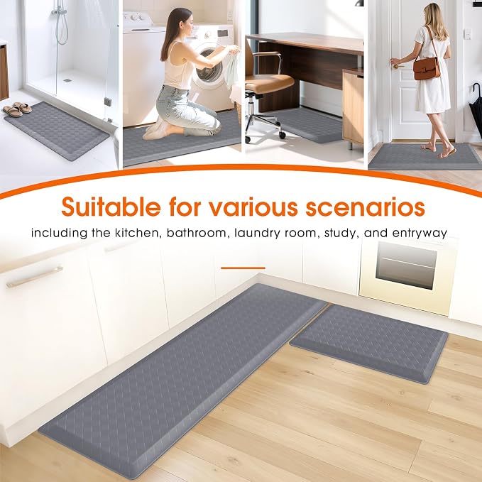 TranquilRelax 4/5 Inch Thick 2-Piece Anti-Fatigue Kitchen Mats, Cushioned Non-Slip Waterproof Sink & Stove Floor Mats, Comfortable Standing Rug Set for Kitchen, Laundry & Entryway, Grey