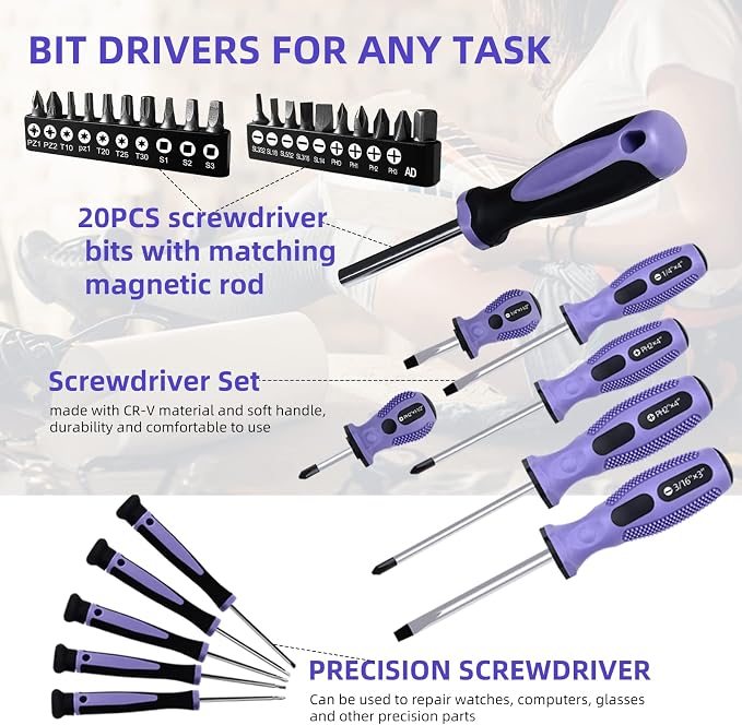 ACOSEA Purple Tool Set,223-Piece Tool Sets for Women,Tool Kit with 13-Inch Wide Mouth Open Purple Tool Bag,The Basic Tool Set is Perfect for Home Maintenance (PURPLE)