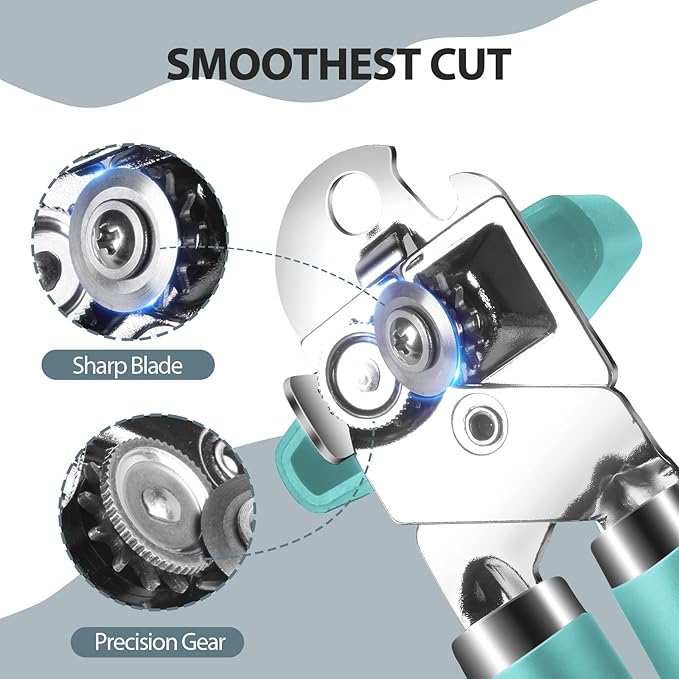 Safring Can Opener Manual, Heavy Duty Handheld Strong Can Opener with Soft Touch Handle, Sharp Blade Smooth Edge, Can Openers with Multifunctional Bottle Opener, Aqua Sky