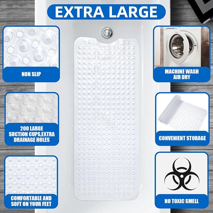 MOONFLY Shower and Bathtub Mat,40x16 Inches,Extra Long Non Slip Mats with Suction Cups and Drain Holes, Machine Washable and Anti Slip Bathmats, Bathroom Mats for Tub Nonslip (Clear)