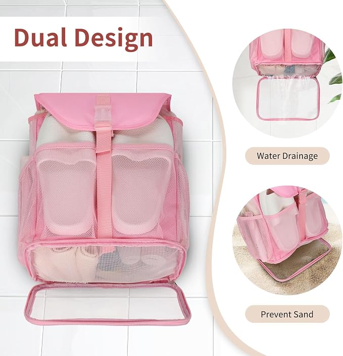 Ethereal Pink Hanging Mesh Shower Caddy Portable for College Dorm Room Essentials, Large Capacity Shower Bag for Guys/Girls, for Beach, Swimming, Gym