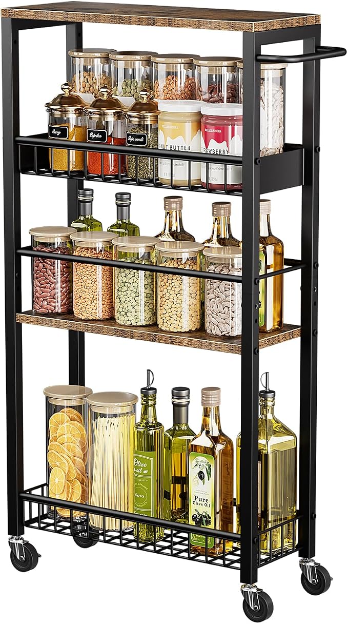 Slim Storage Rolling Cart, 4 Tier Narrow Cart with Wheels, Metal Kitchen Rolling Cart for Small Spaces, Slide Out Storage Shelves for Kitchen, Laundry Room, Bathroom, Living Room, 7.1in(W)
