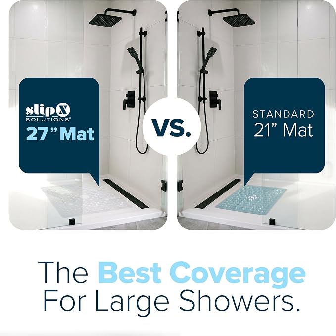 SlipX Solutions 27" Oversize Square Shower Mat, Non-Slip Mat for Elderly & Kids, 100+ Power Grip Suction Cups for Smooth Surfaces, Machine Washable, White Pearl