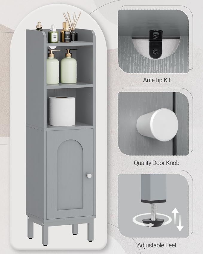 Hzuaneri Bathroom Storage Cabinet, Small Corner Floor Cabinet with Door and Shelves, Narrow Toilet Paper Holder, Bathroom Organizer with Adjustable Shelf, for Small Spaces, Gray BC38221GR