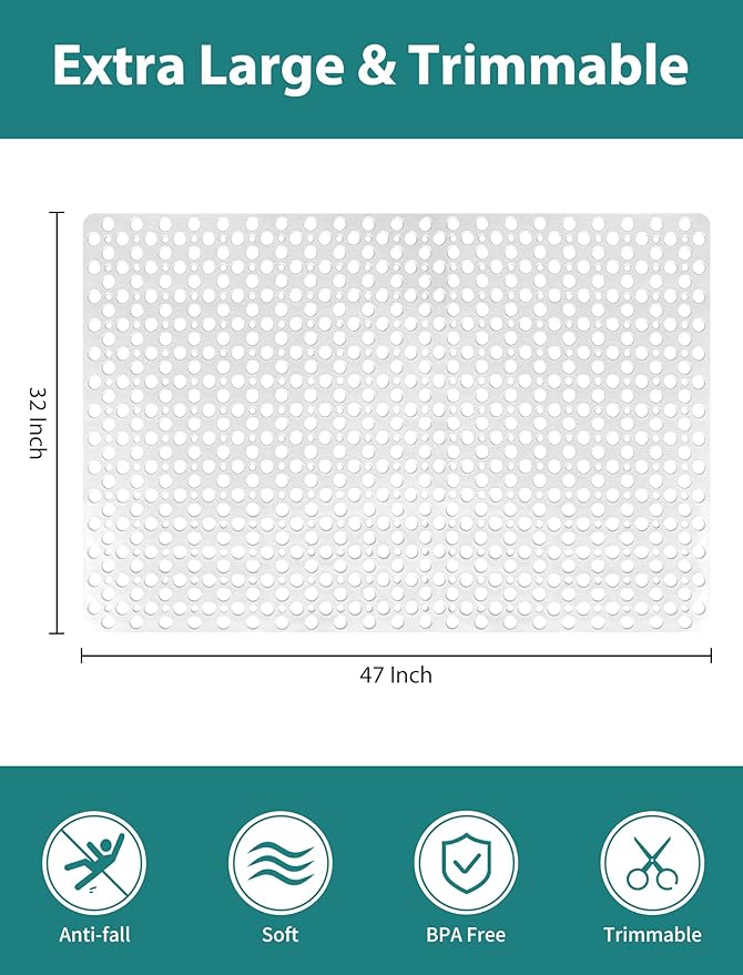Extra Large Shower Mat, Yonala 47 x 32 Inch Non Slip Shower Mats for Inside Shower, Soft TPE Shower Floor Mat with Suction Cups and Drain Holes, Machine Washable Bathroom Shower Mat, Easy to Clean