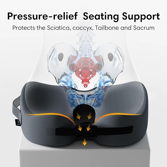 Large Memory Foam Seat Cushion for Office Chair, Car, Truck & Wheelchair - Sciatica Ease, Coccyx & Tailbone Pain Relief Cushion for Long Sitting & Driving