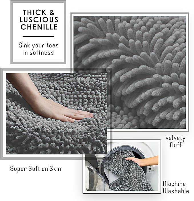 Hearth & Harbor Bathroom Rugs, Chenille Bath Mat - Machine Washable Bath Mats for Bathroom Non-Slip Backing Rubber, Quick Dry Bathroom Mat, 17 x 24 + 20 x 32 - Frost Grey