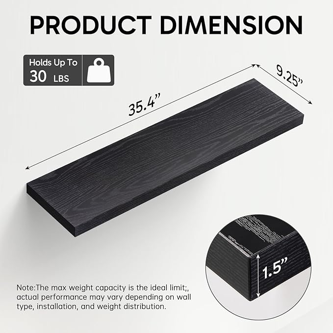 BAYKA Floating Shelves for Wall, Set of 2, 35.4 inches Long Wall Mounted Rustic Wood Shelves for Bathroom, Bedroom, Living Room, Kitchen, Office, Hanging Shelf for Books/Storage/Decor, Black